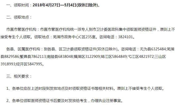 安徽芜湖2017年临床执业医师资格证书领取时间